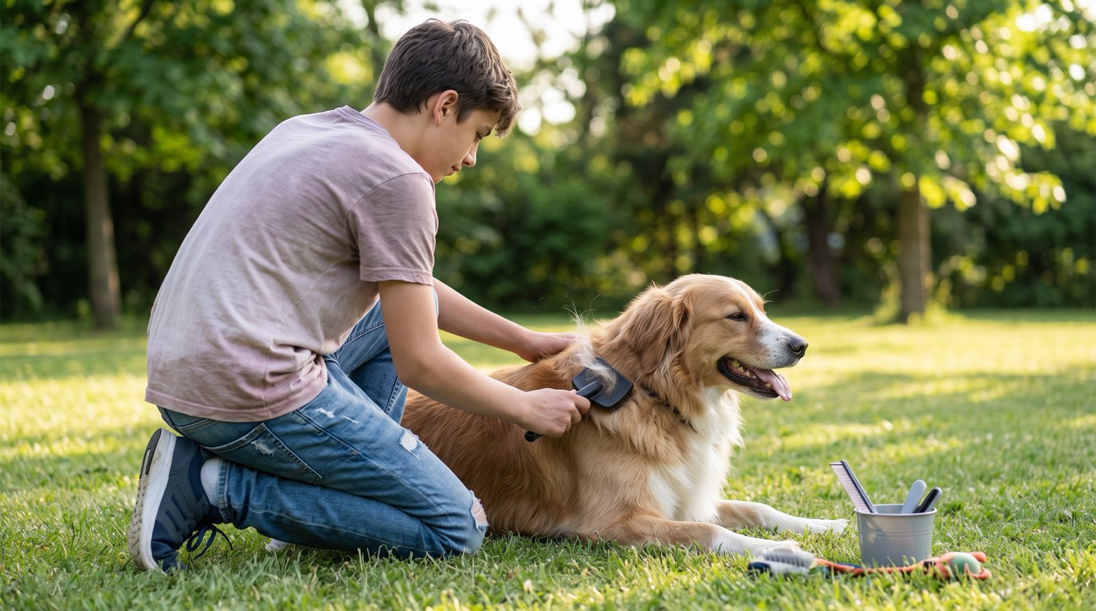 Niño peinando a su perro.