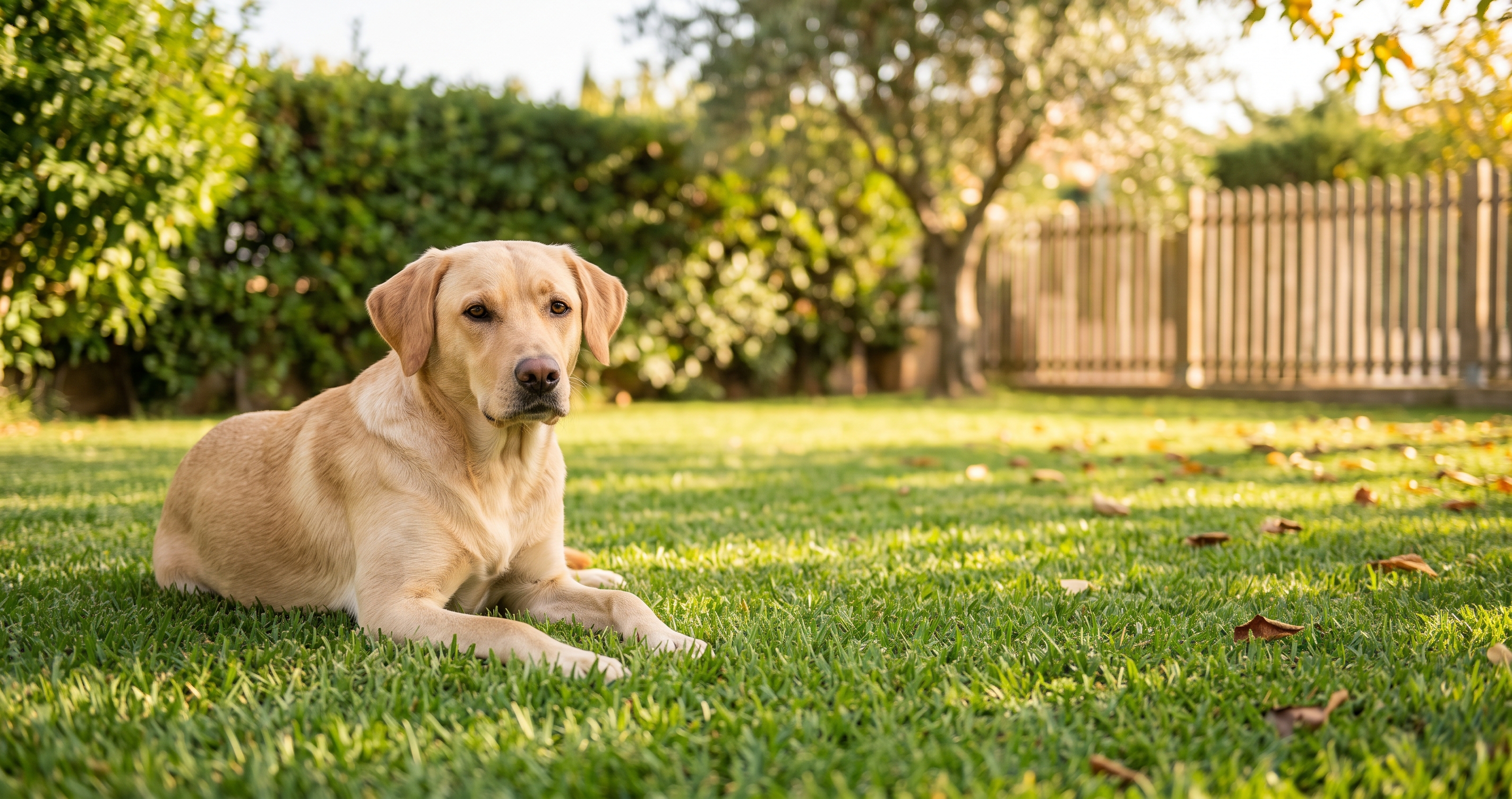 Perro tumbado sobre el césped de un jardín limpio y cuidado
